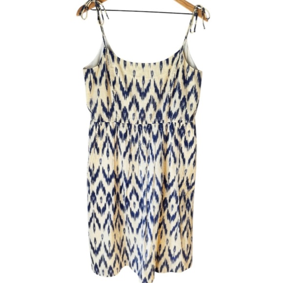J Crew Cotton Blue White Geometric Tribal Print Lined Tie Strap Dress Sz 10 - Picture 1 of 6